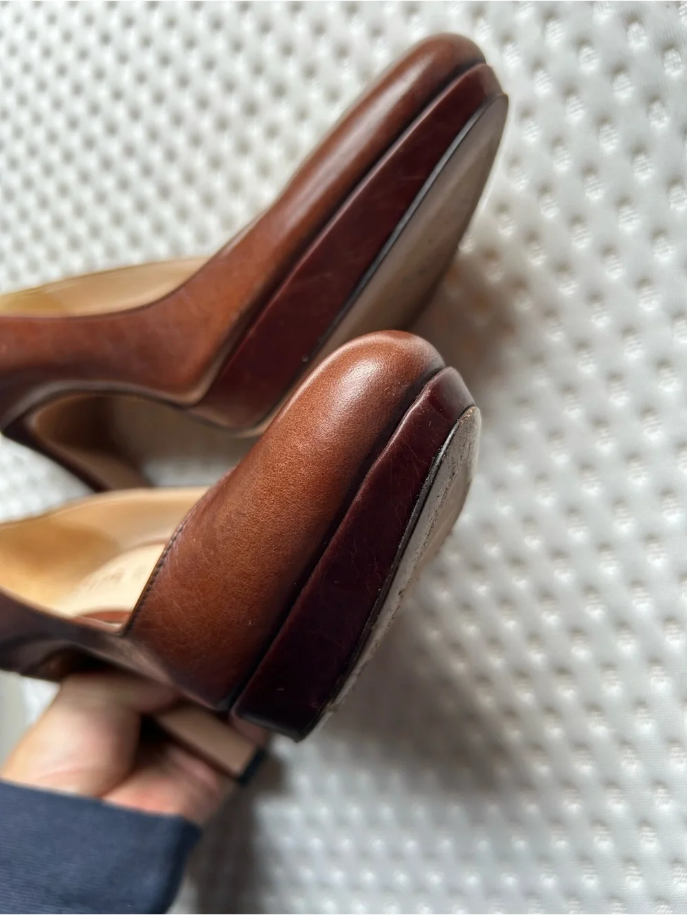 PRADA Brown Leather Platform Round Toe Logo Slip On Pumps EU 38 US 8
